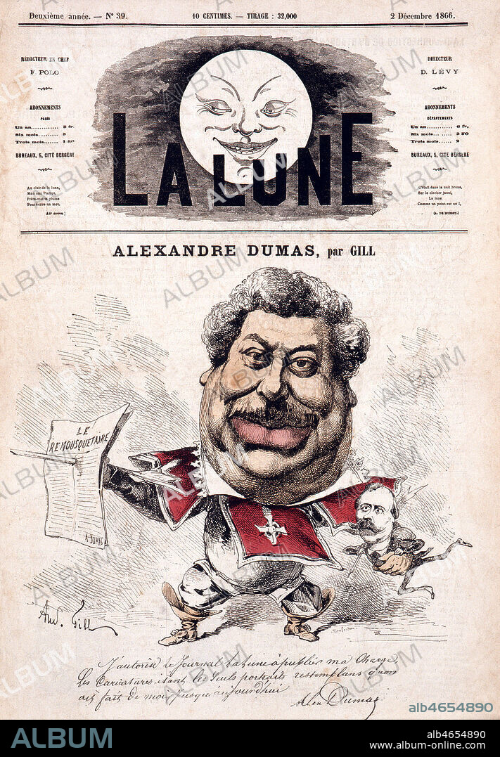 ''Alexandre DUMAS en mousquetaire ' . Caricature par Andre GILL (1840-1885). Alexandre DUMAS presente a la pointe de son epee son journal Le Mousquetaire). La Lune du 2 decembre 1866. Credit: Collection Kharbine-Tapabor.