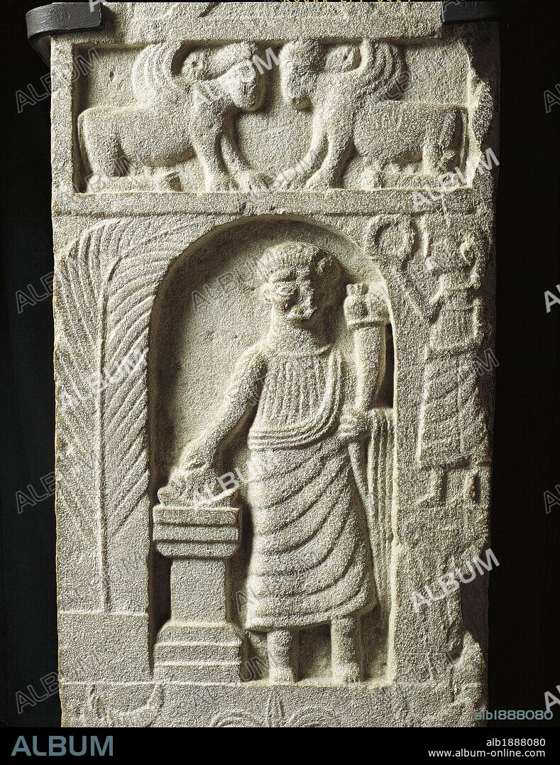 Punic civilization - Tunisia - Tophet of Carthage - 2nd century b.C. - Votive stele with a relief representing a sacrifice to Goddess Tanit. At the top, two sphinxes.