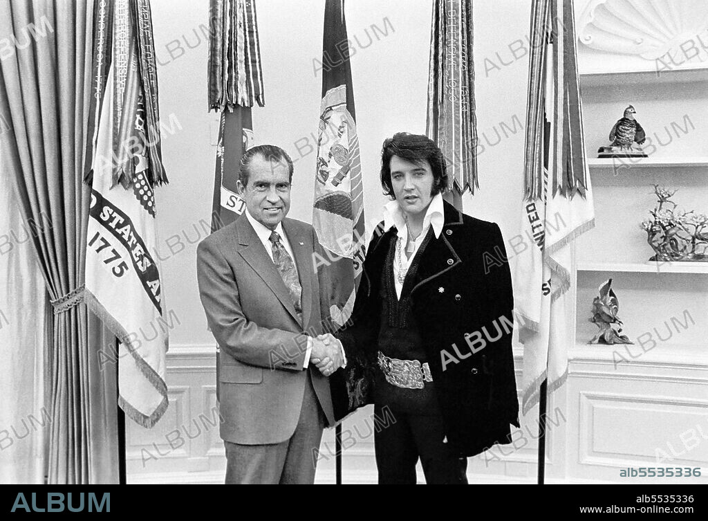 Elvis Presley meeting with U.S. President Richard M. Nixon at White House, Washington, D.C., USA, White House Photo Office, December 21, 1970.