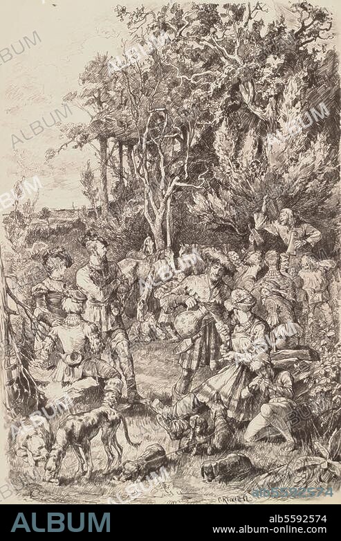 Wolff, Julius; Schriftsteller. 1834-1910. Werke: Der wilde Jäger (1877). "Die Jägermeß". (Illustration zu der Verserzählung). Lichtdruck nach Tuschzeichnung, 1882, von Karl Rickelt. Aus der Sammelmappe "Der wilde Jäger", München (Verlag A.Ackermann), 1883. Berlin, Sammlung Archiv für Kunst und Geschichte.