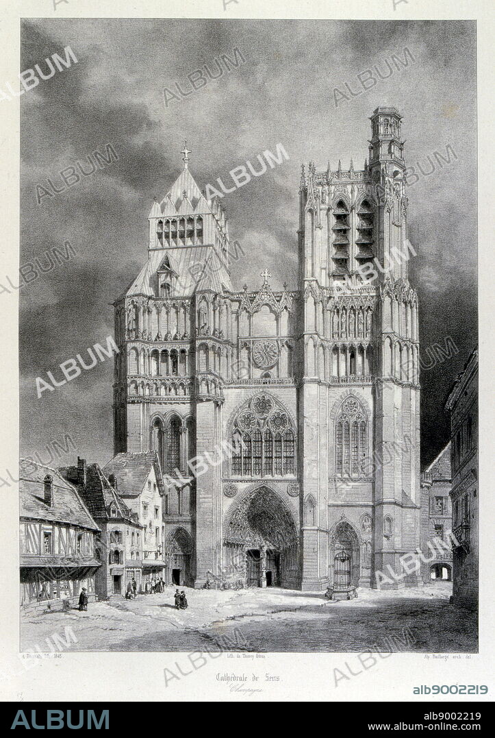 Sens Cathedral; Cathedrale Saint-Etienne de Sens, in Burgundy, eastern France. The cathedral, dedicated to Saint Stephen, is the seat of the Archbishop of Sens. It was one of the earliest Gothic buildings in the country and is the largest of the early Gothic churches. Drawing by Isidore Justin Severin Taylor, baron Taylor 1789-1879, Artist and philanthropist.