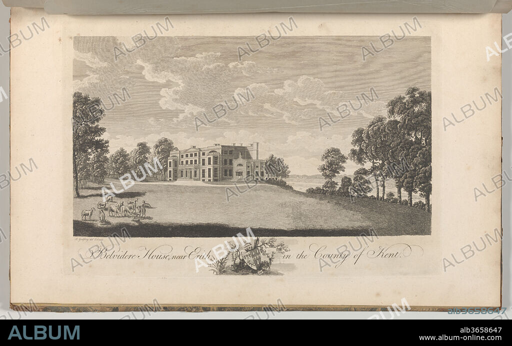 Belvidere House, near Erith, in the County of Kent, from Edward Hasted's, The History and Topographical Survey of the County of Kent, vols. 1-3. Artist: Drawn and etched by Richard Bernard Godfrey (British, probably London ca. 1728-1795 after). Dimensions: Book: 17 5/16 × 11 × 13/16 in. (44 × 28 × 2 cm)
Sheet: 16 15/16 × 10 5/8 in. (43 × 27 cm)
Plate: 10 1/16 × 14 in. (25.5 × 35.5 cm). Date: 1777-90.
Plate 21, vol. I, the Seat of Sir Sampson Gideon, Bart.  See 2014.599.1-.30 for comments.