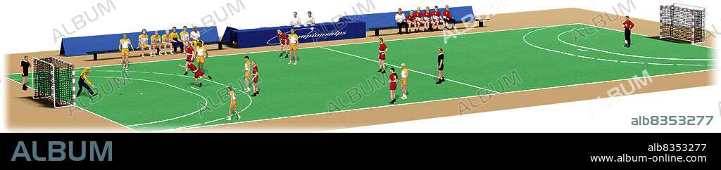 Hard rectangular surface (20 m x 40 m) on which a handball game is played; a game is made up of two 30-minute periods with a 10-minute break between them.
