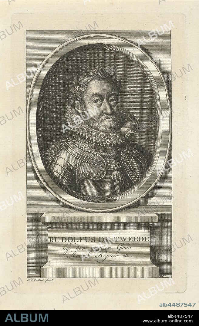 Portrait of Rudolf II of Habsburg, German Emperor, Portrait bust in oval of Rudolf II of Habsburg, lauded, in armor on which the symbol of the Order of the Golden Fleece hangs. Below the oval his name and title are mentioned on a pedestal, knighthood order of the Golden Fleece, Rudolf II of Habsburg (German emperor), Christian Friedrich Fritzsch (mentioned on object), 1753 - 1774 and/or 1786, paper, etching, h 178 mm × w 111 mm.