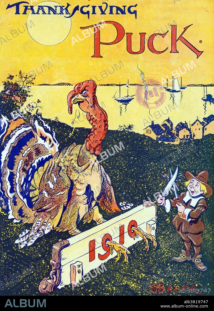 Illustration shows a young boy sharpening a knife as he stands before a large turkey with its feet in stocks labeled 1910; the turkey is perspiring. Thanksgiving, or Thanksgiving Day, is a holiday celebrated in the United States on the fourth Thursday in November. Thanksgiving was celebrated nationally in 1789, after a proclamation by George Washington. It has been celebrated as a federal holiday every year since 1863, when President Lincoln proclaimed it a national day of "Thanksgiving". In 1941, President Roosevelt signed a bill making the date of Thanksgiving a matter of federal law and fixing the day as the fourth Thursday of November. Together with Christmas and New Year, Thanksgiving is a part of the broader holiday season. Illustrated by Bryant Baker and published by Keppler & Schwarzmann, November 23, 1910.