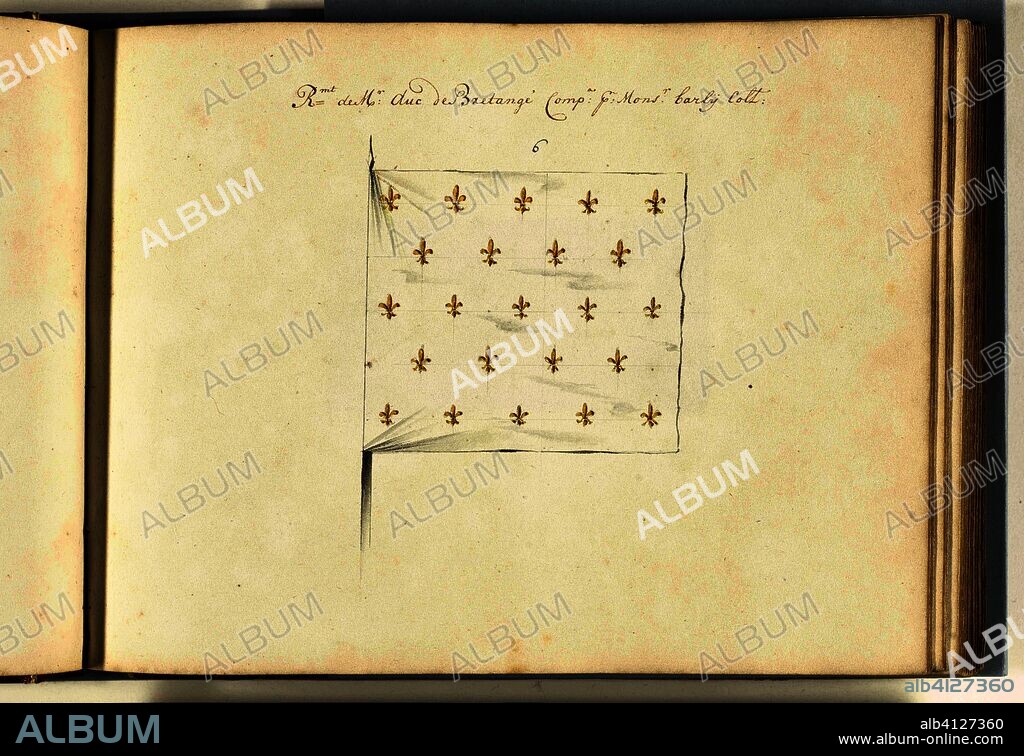 Frans vaandel veroverd bij de slag bij Ramillies, 1706. Rmt. de Mr. Duc de Bretagne Compa. G. Monsr. barly Colt. (title on object). Draughtsman: anonymous. Dating: 1713 - 1720. Place: Northern Netherlands. Measurements: h 172 mm × w 230 mm.