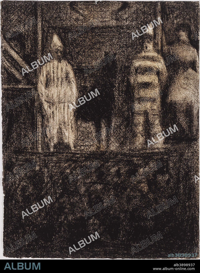 GEORGES SEURAT. Sidewalk Show (Une Parade). Date/Period: From 1883 until 1884. Works on Paper. Black conté crayon on lightweight, rough-textured, off-white, laid paper. Height: 12.63 mm (0.49 in); Width: 9.63 mm (0.37 in).