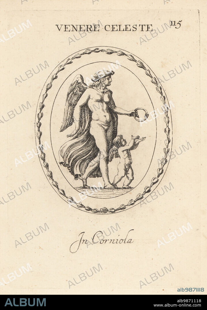 Celestial Venus. A winged figure of Venus, goddess of love, with Cupid or Amor. In carnelian. Venere Celeste. In corniola. Copperplate engraving by Giovanni Battista Galestruzzi after Leonardo Agostini from Gemmae et Sculpturae Antiquae Depicti ab Leonardo Augustino Senesi, Abraham Blooteling, Amsterdam, 1685.