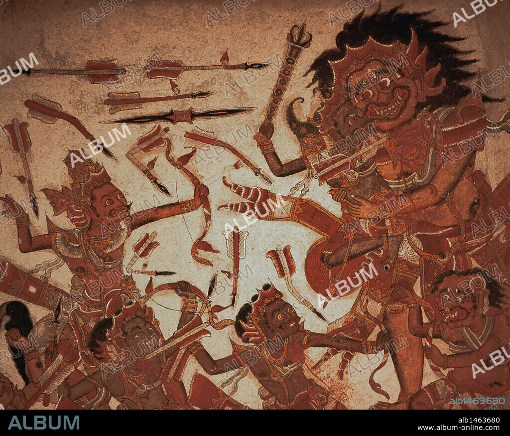 Kerta Gosa Courthouse. Paintings of the ceiling depicting the punishments that await a law-breaker in the hell. Wayang style. Detail. 18th century. Klungkung. Island of Bali. Indonesia.