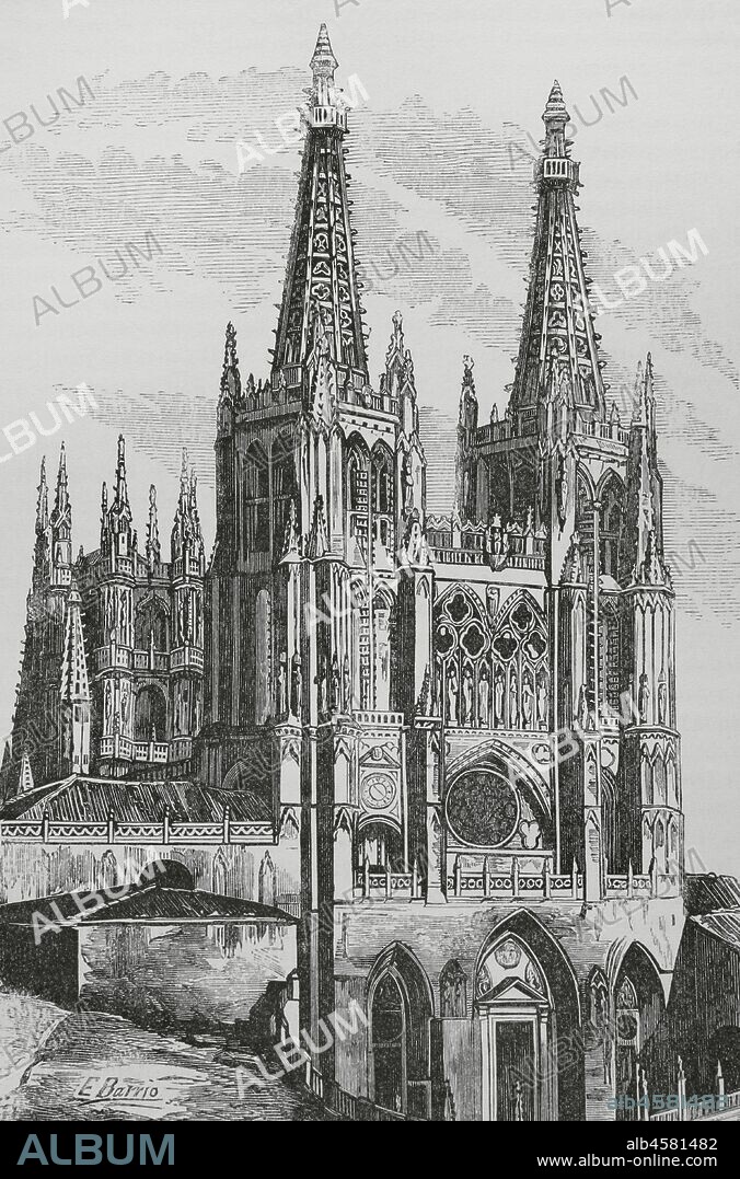 España. Portada de la catedral. Grabado. Crónica General de España, Historia Ilustrada y Descriptiva de sus Provincias. Castilla-La Vieja,1870. Biblioteca Histórico Militar de Barcelona, Cataluña, España.