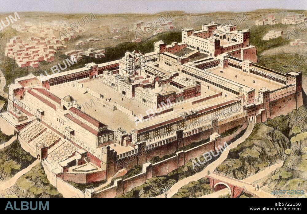 Jerusalem (Israel), Temple (built under King Solomon, 965-926 BC; later additions by Herod the Great, c. 20 BC). "The temple in Jerusalem at the time of Christ". Reconstruction by A.Eberhardt after Konrad Schick (1822-1901), coloured at a later stage.