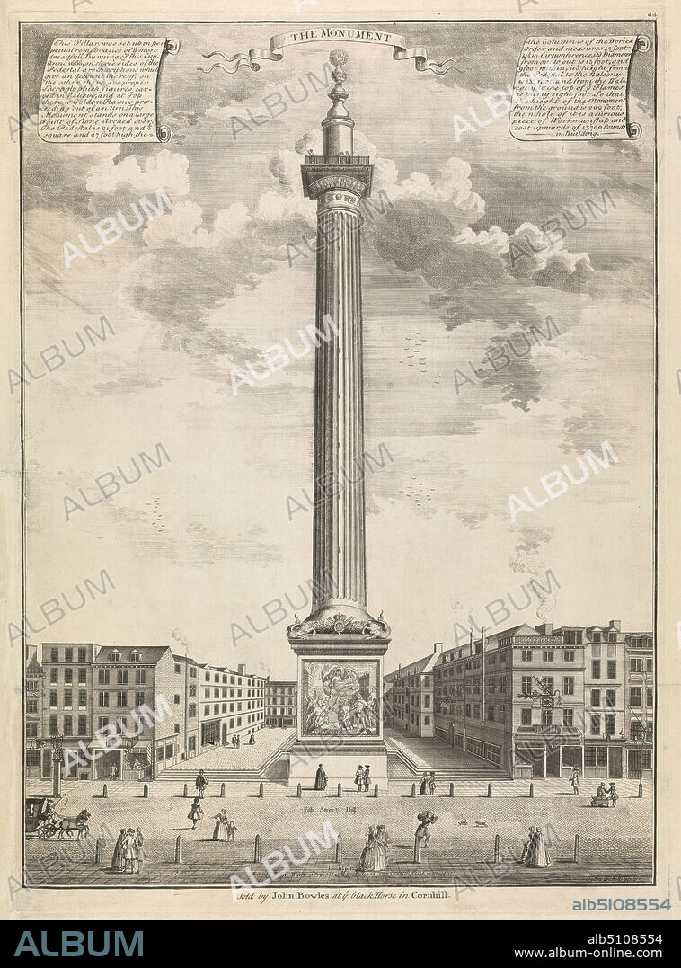 The Monument, Sutton Nicholls, active 1725, British, 1731-1748, Engraving, architectural subject, carriage, horses (animals), monument, pedestrians, London.