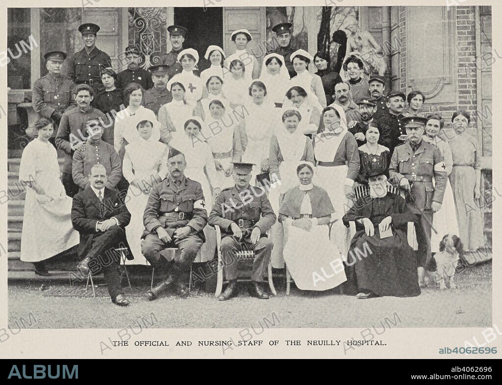 'The official and nursing staff of the Neuilly Hospital'. The Hospital was opened at Neuilly in late 1914 and was disbanded on 15th. March, 1916. The Villa Borghese was selected for the establishment of the Anglo-French-American Hospital. Having been in use as a private Sanatorium the Villa Borghese contained everything necessary for the equipment of a hospital for medical cases. The Anglo-French-American Hospital. An account of the work carried on under homÅ“opathic auspices during 1915-1916 at the HÃ´pital Militaire Auxiliaire, no. 307, Neuilly-sur-Seine, in conjunction with the French Red Cross Society, by the British Committee sitting at the London HomÅ“opathic Hospital, etc. London, 1918. Source: 7689.dd.10 plate opposite page 42.