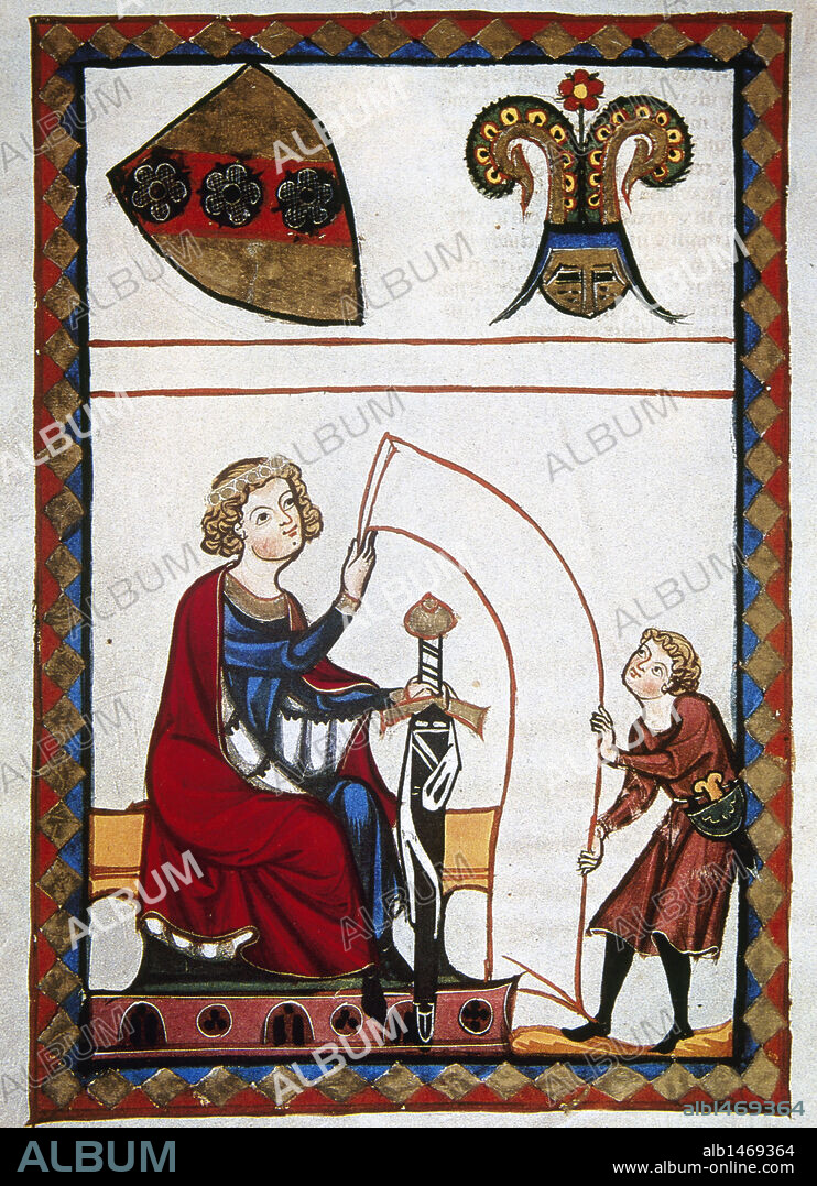 Burggraf von Rietenburg (12th century), Bavarian noble poet, delivering a scroll to a messenger holding a sword in his hands as a symbol of justice. Fol.119v. Codex Manesse (ca.1300) by Rudiger Manesse and his son Johannes. University of  Heidelberg. Library. Germany.