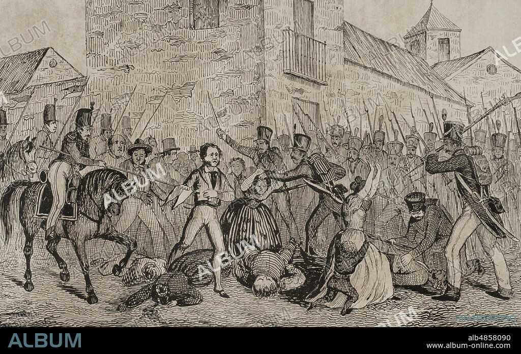 Guerra de la Independencia (1808-1814). Sitio de Tarragona (1811). Enfrentó a las tropas francesas al mando del general Suchet con las españolas dirigidas por Juan Senen de Contreras, gobernador militar de la ciudad. Los hechos tuvieron lugar entre el 5 de mayo y el 29 de junio de 1811, finalizando con la ocupación francesa de la ciudad. Tarragona permaneció bajo poder francés hasta la retirada de Suchet el 13 de agosto de 1813. Asalto de Tarragona. Ilustración por Francisco Pérez. Grabado. Guerra y Revolución de España, por el Conde de Toreno. Madrid,1851.