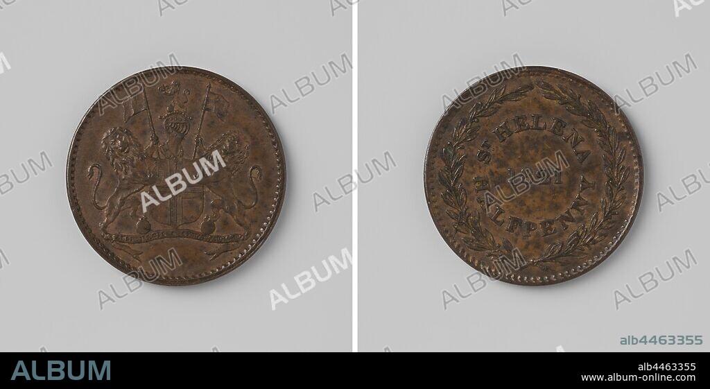 Half penny coin: St. Helena, Obverse: two lions, each with ensign, lifting jointly helmeted coat of arms above pennant with lettering. Reverse side: year within a circle and laurel wreath, Saint Helena, anonymous, England, 1821, bronze (metal), striking (metalworking), d 2.9 cm × w 9.49 gr.