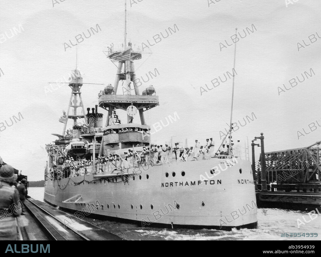 US Navy cruiser USS Northampton (CA-26), Panama Canal, Panama, 1931. Commissioned in 1930, the 'Northampton' was the lead ship of her class of heavy cruisers. She was sunk by Japanese torpedoes at the Battle of Tassafaronga off Guadalcanal on 30 November 1942. The photograph was taken during a Cunard Line cruise to the West Indies between January and March 1931.