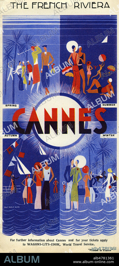 'Cannes, the french riviera'. Representation des loisirs possibles a Cannes pendant les quatre saisons. Brochure publicitaire en anglais vers 1930. Illustration par Louis Marie EUDE. Credit : Collection KHARBINE-TAPABOR.