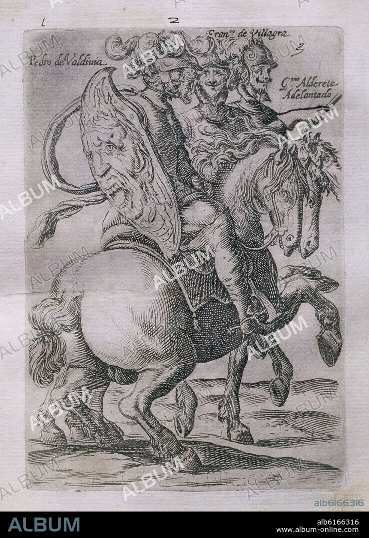 ALONSO DE OVALLE. CONQUISTADORE DE CHILE - PEDRO DE VALDIVIA, FRANCISCO DE VILLAGRA Y JERONIMO ALDERETE ADELANTADO - GRABADO SIGLO XVII.