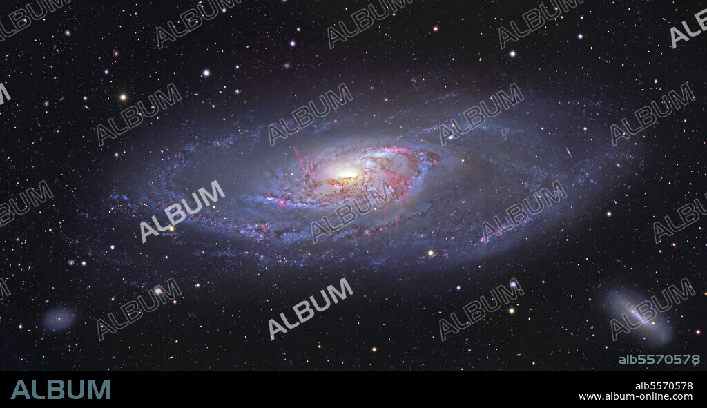 M106, spiral galaxy in Canes Venatici. This view captures the entire galaxy, detailing the glowing spiral arms, wisps of gas, and dust lanes at the center of Messier 106 as well as the leisurely twisting bands of stars at the galaxy's outer edges. Two dwarf galaxies also appear in the image: NGC 4248 in the lower right and UGC 7358 in the lower left.