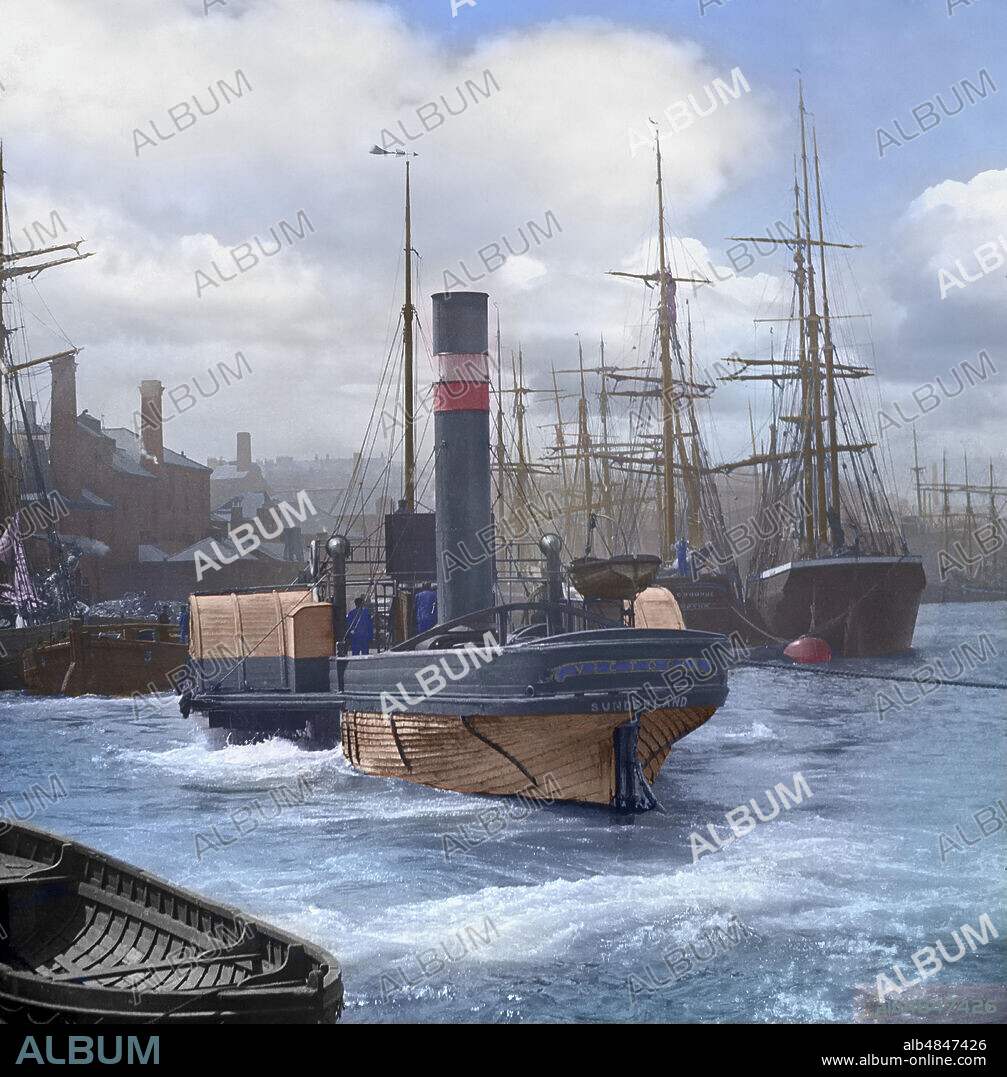 Magic Lantern slide, circa 1880, Victorian/Edwardian, social history. The steam paddle tug 'Victoria' on the River Wear; Sunderland, Tyne and Wear, England.