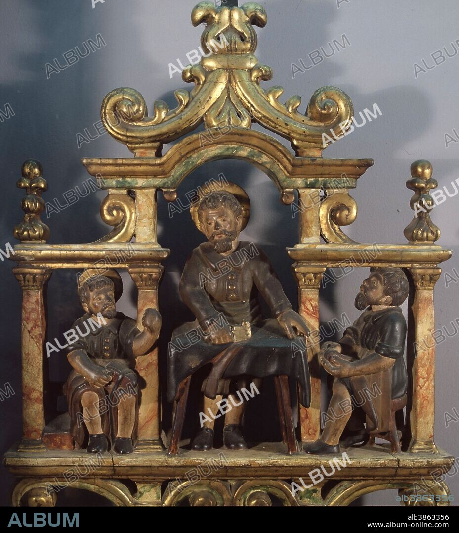 SAN ANIANO , SAN CRISPIN , SAN CRISPIANO. PATRONOS DEL GREMIO DE ZAPATEROS. TALLA DE MADERA POLICROMADA. MUSEO DE HISTORIA . BARCELONA.