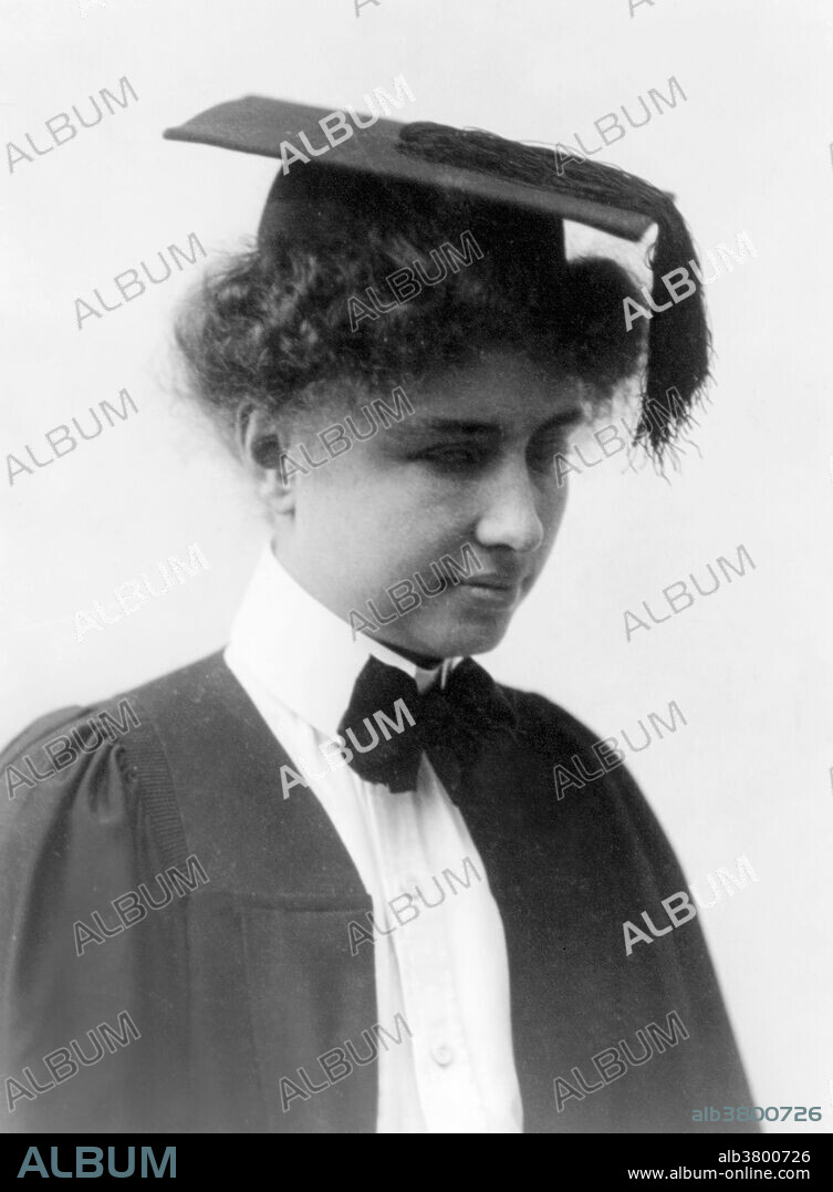Keller wearing graduation cap and gown, circa 1904. Helen Adams Keller (June 27, 1880 - June 1, 1968) was an American author, political activist, and lecturer. She was 19 months old when she contracted an illness that left her deaf and blind. In 1887 Anne Sullivan, herself visually impaired and only 20 years old, became Keller's instructor. It was the beginning of a 49-year-long relationship. In 1904, at the age of 24, Keller graduated from Radcliffe, becoming the first deaf blind person to earn a Bachelor of Arts degree. A prolific author, Keller was well-traveled, and was outspoken in her anti-war convictions. She campaigned for women's suffrage, labor rights, socialism, and other radical left causes. In 1920 she helped to found the American Civil Liberties Union (ACLU). She met every US President from Cleveland to Johnson and was friends with many famous figures, including Alexander Graham Bell, Charlie Chaplin and Mark Twain. She died in her sleep in 1968 at the age of 87.