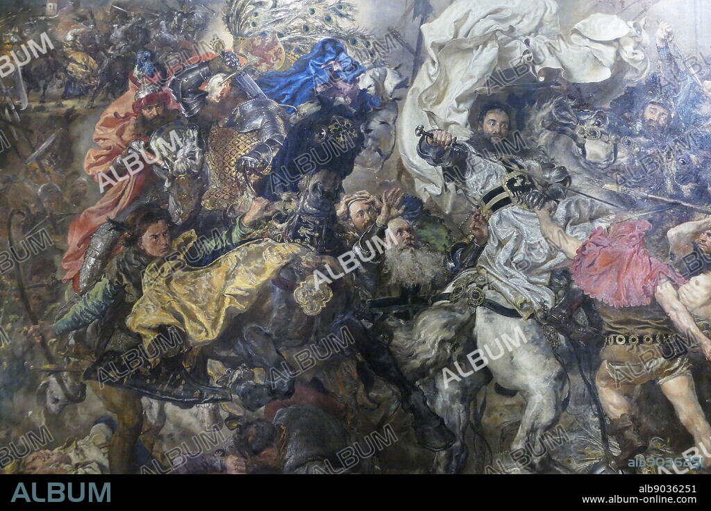 Ulrich von Jungingen (1360 - 1410), Grand Master of the Teutonic Knights killed at the battle of Grunwald (Tannenberg). Detail from the painting of the battle, painted in 1878 by the Polish artist, Jan Alojzy Matejko (1838 - 1893). The painting depicts the Battle of Grunwald and the victory of the allied Crown of the Kingdom of Poland and Grand Duchy of Lithuania over the Teutonic Order in 1410. Ulrich von Jungingen's policy of confrontation with the Grand Duchy of Lithuania and the Kingdom of Poland, led to the Polish-Lithuanian-Teutonic War and his death, at the Battle of Grunwald.