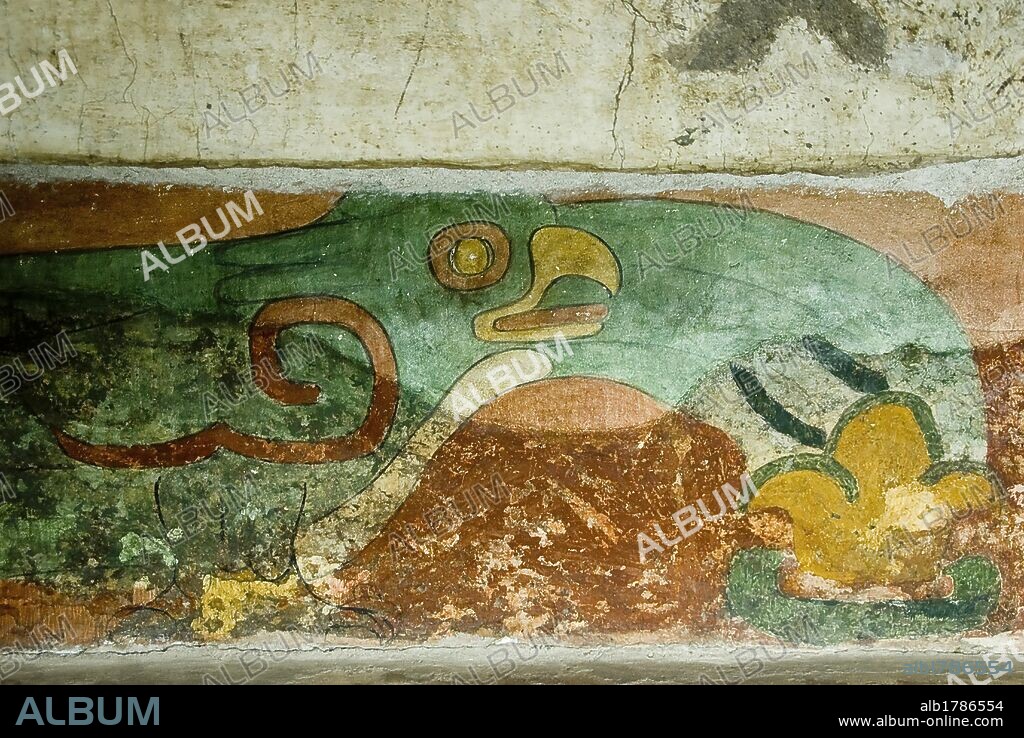 Archeological site of Teotihuacan (100BC-AD700).UNESCO World Heritage Site.Mural painting in the Temple of Feathered Snails . Mexico. .