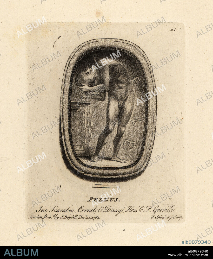 Peleus, Greek hero, king of Phthia, husband of Thetis and father of Achilles, performing a purification ritual at a fountain. Engraved scarabeus, carnelian and dactylotheca from the collection of the antiquarian Charles Francis Greville. Mezzotint copperplate engraving by John Spilsbury from his Collection of Fifty Prints from Antique Gems, John Boydell, London, 1785.