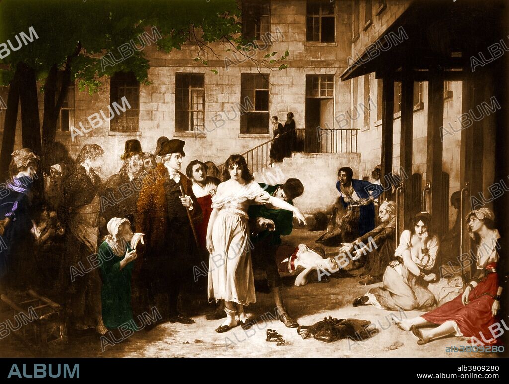 A painting by Joseph-Nicolas Robert-Fleury (1797-1890), of Philippe Pinel, chief physician of Pitie-Salpetriere Hospital in Paris, ordering the removal of chains from mentally-disabled patients in 1795. Pinel (1745-1826) is considered the founder of modern psychiatry. He was chief physician of Salpetriere from 1795 until his death in 1826.