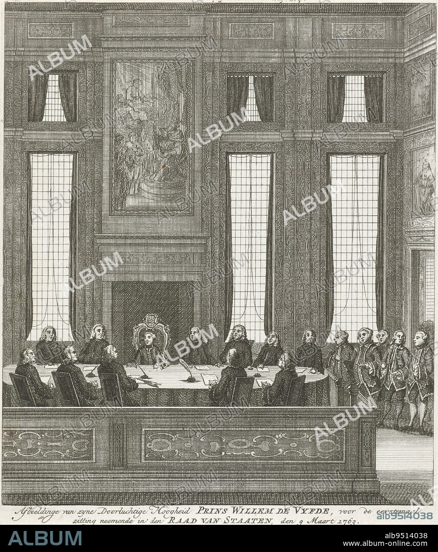 Stadholder William V, prince of Orange, takes seat for the first time in the Council of State on 9 March 1763 Picture of his august Highness Prince William de Vyfde, taking seat for the first time in the Council of States on 9 March 1763., print maker: anonymous, publisher: Bernardus Mourik, (mentioned on object), Northern Netherlands, 1763, paper, etching, h 171 mm × w 143 mm.