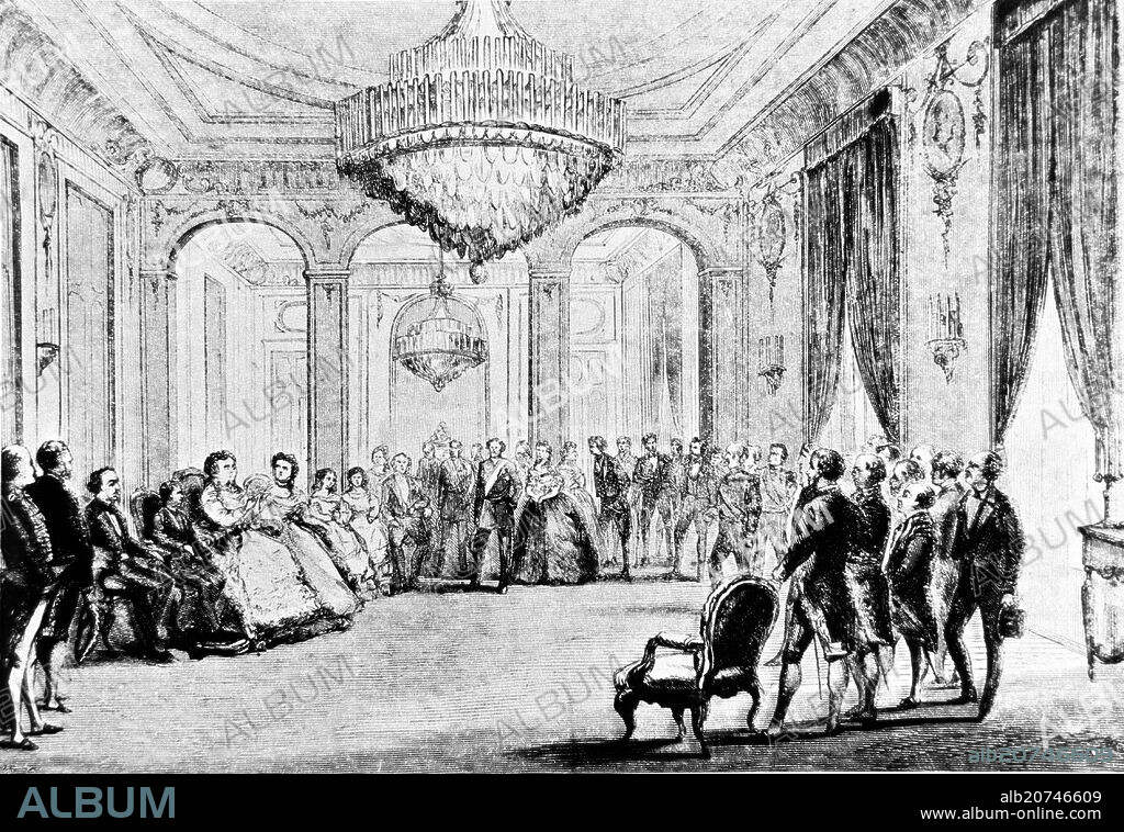 ABDICACION DE ISABEL II EL 25 DE JUNIO DE 1870 EN EL PALACIO DE CASTILLA EN PARIS - GRABADO SIGLO XIX.