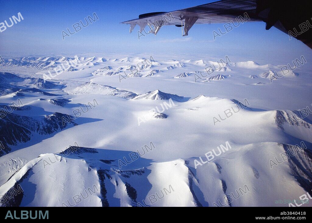 Snowy glaciers and mountains on Ellesmere Island in Nunavut, Canada.