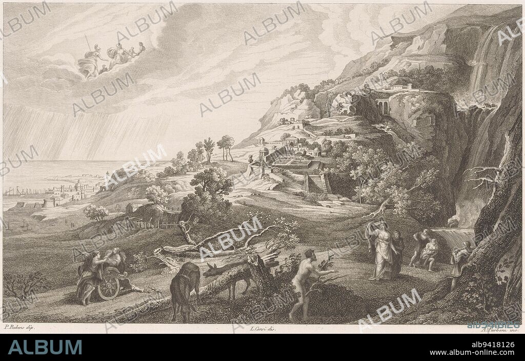 View of the island of the Phoenicians. In the foreground Odysseus standing naked among the bushes. On the left, two women by a diamond rig. On the right, a group of women by a waterfall. The women look back in alarm at Odysseus. Between the clouds is a group of gods, Odysseus on the island of the Phoenicians L'Isola dei feaci Landscapes , print maker: Achille Parboni, (mentioned on object), intermediary draughtsman: L. Corsi, (mentioned on object), after: Peter Paul Rubens, (mentioned on object), Italy, 1800 - 1899, paper, etching, h 244 mm × w 340 mm.