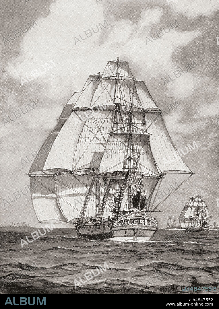 The ships HMS Resolution and HMS Discovery off the coast of Australia during the Third Voyage of Captain James Cook, 1776-1780.  From The Book of Ships, published c.1920.