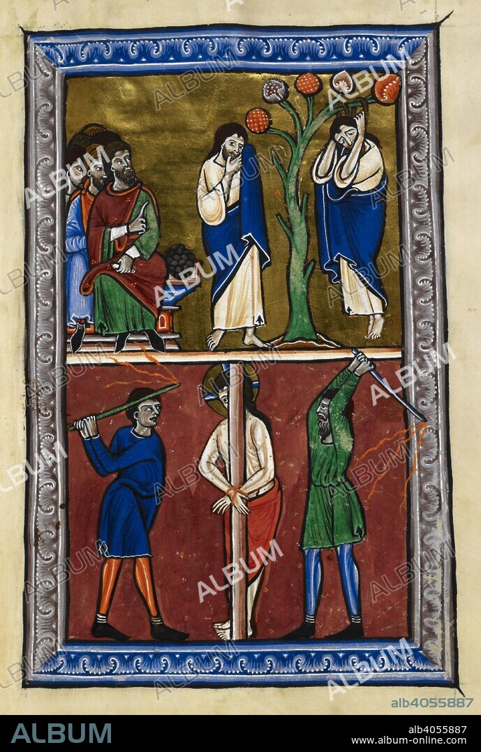 Above, the death of Judas. Below, the scourging of Christ. Psalter and Hours. England [Oxford]; circa 1200-1210. Source: Arundel 157, f.10. Language: Latin.