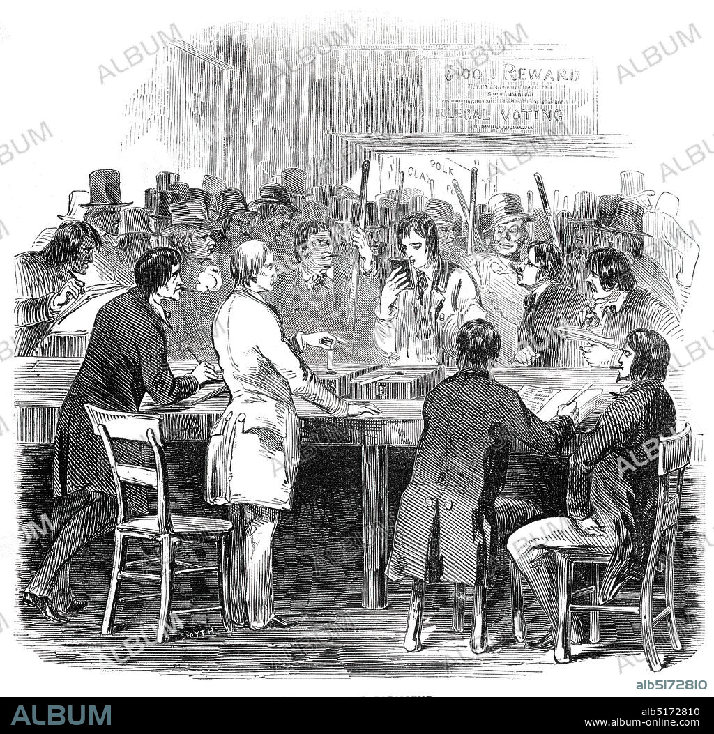 SMYTH. Balloting for president, 1844. Presidential elections in the USA. "The ballot-boxes were placed on a long table, at which half a dozen of the inspectors or canvassers of voters were seated. The voters approached the table by single files. Not a word was spoken. Each voter delivered his list when he got next to the tables to the officers, who called out his name. Any person might object, but the objection was instantly decided on, the officers having no difficulty, from their knowledge of the township, of the persons residing in it, and to whose testimony reference was instantly made, in determining on the spot, whether the qualification of the voter was or was not sufficient"...The mode in which this election has been carried on is beyond all praise. The quiet, order, decency, and forbearance observed at all the polling-places in this city [New York] were admirable'. From "Illustrated London News", 1844, Vol V.