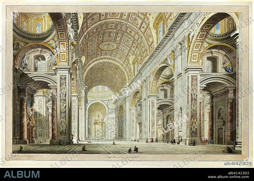 Interior View of the Church of St. Peter's in the Vatican. Francesco Panini; Italian, 1745-1812. Date: 1765-1775. Dimensions: 580 x 885 mm. Transparent and opaque watercolors with shell gold and pen and black ink, over etching, on ivory laid paper. Origin: Italy.