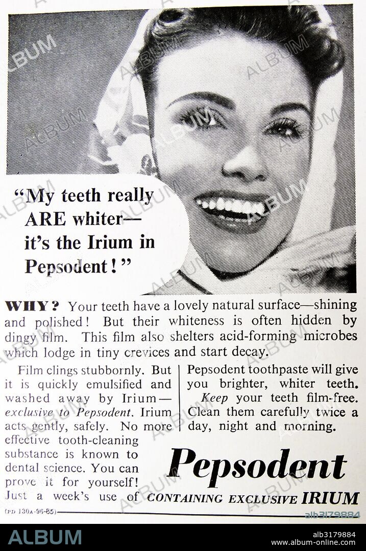 Advert for pepsodent toothpaste, England, 1950.