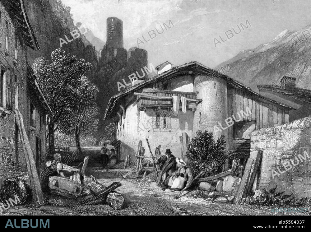 Martigny (Kanton Wallis, Schweiz), bischöfl. Burg La Batiaz. (1260 erbaut; 1518 zerstört). Ortsansicht mit Blick zur Burg. Stahlstich, um 1850, von John Cousen. (1804-1880) nach Zeichnung von James Duffield Harding (1798-1863). 9 × 13 cm. Berlin, Sammlung Archiv für Kunst und Geschichte.
