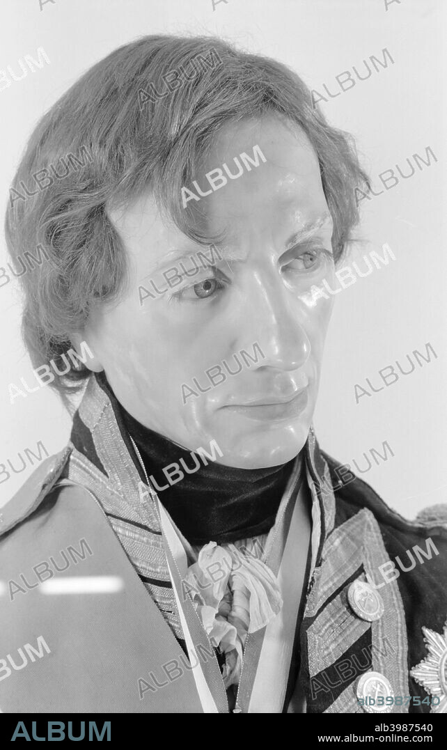 Funeral effigy of Lord Nelson, Westminster Abbey, London, 1945-1980. Photograph taken 1945-1980 of a detail of the wax funerary effigy of Lord Nelson (died 1805), stored in the museum at Westminster. Such effigies were modelled during life or shortly after death.