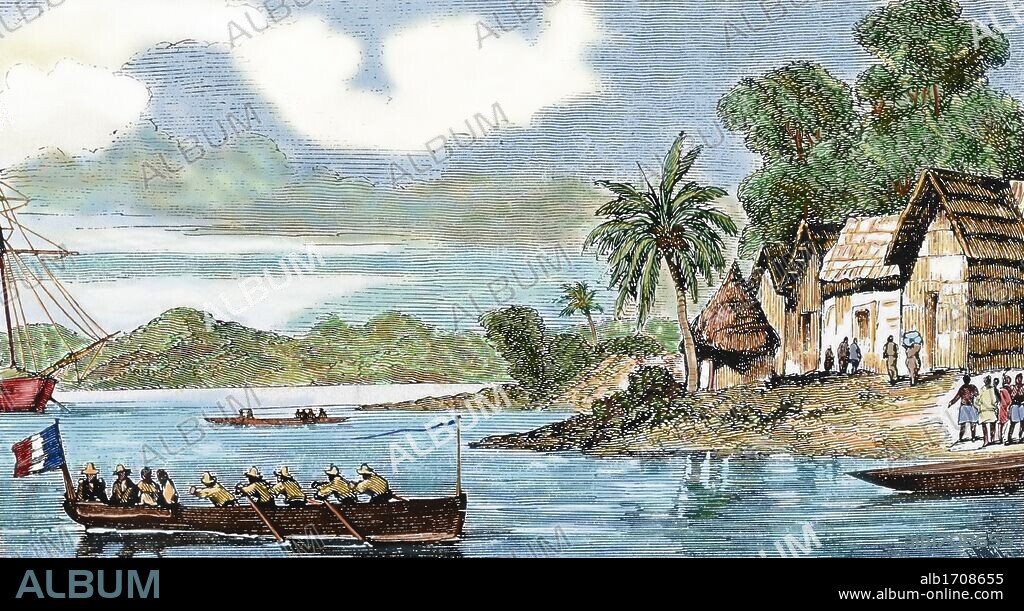 Colonialism. First African expeditions. French ship heading to the village of Abata, on Lake Ebrie. Drawing by M. Kerjean. Second half of the nineteenth century. Colored.