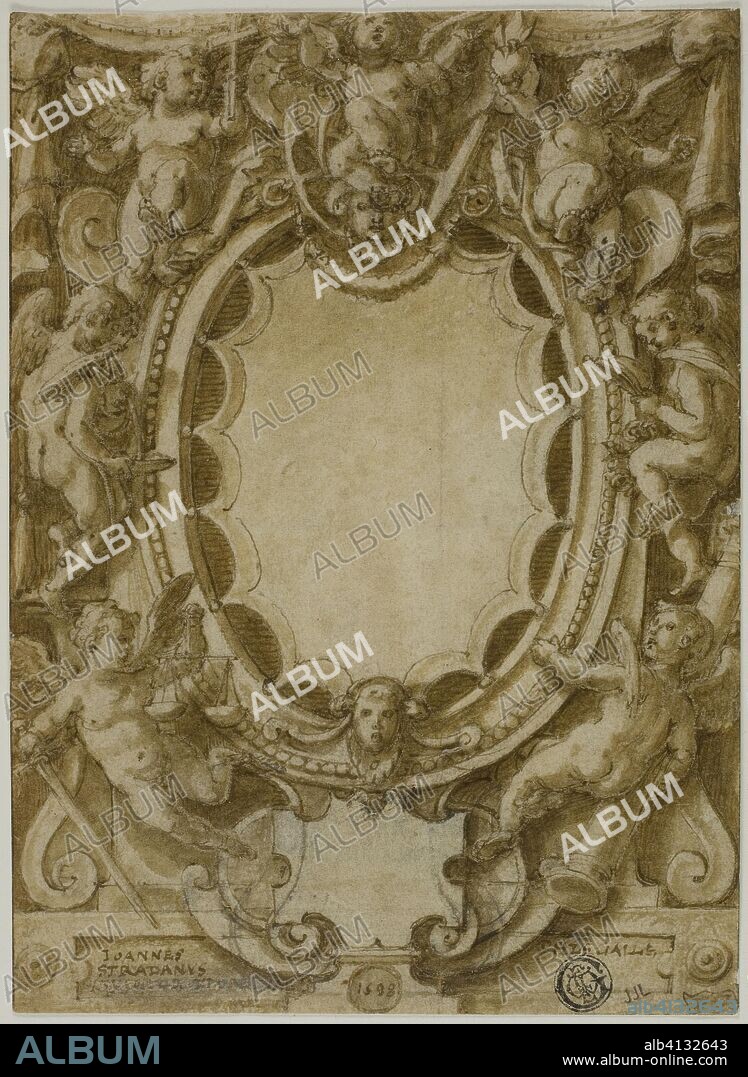 JAN VAN DER STRAET. Design for Frontispiece to the Seven Virtues. Joannes Stradanus, called Giovanni Stradano; Flemish, 1523-1605. Date: 1598. Dimensions: 178 × 130 mm. Pen and brown ink and brush and brown wash with touches of opaque white watercolor over traces of black chalk on cream laid paper, incised for transfer. Origin: Flanders.