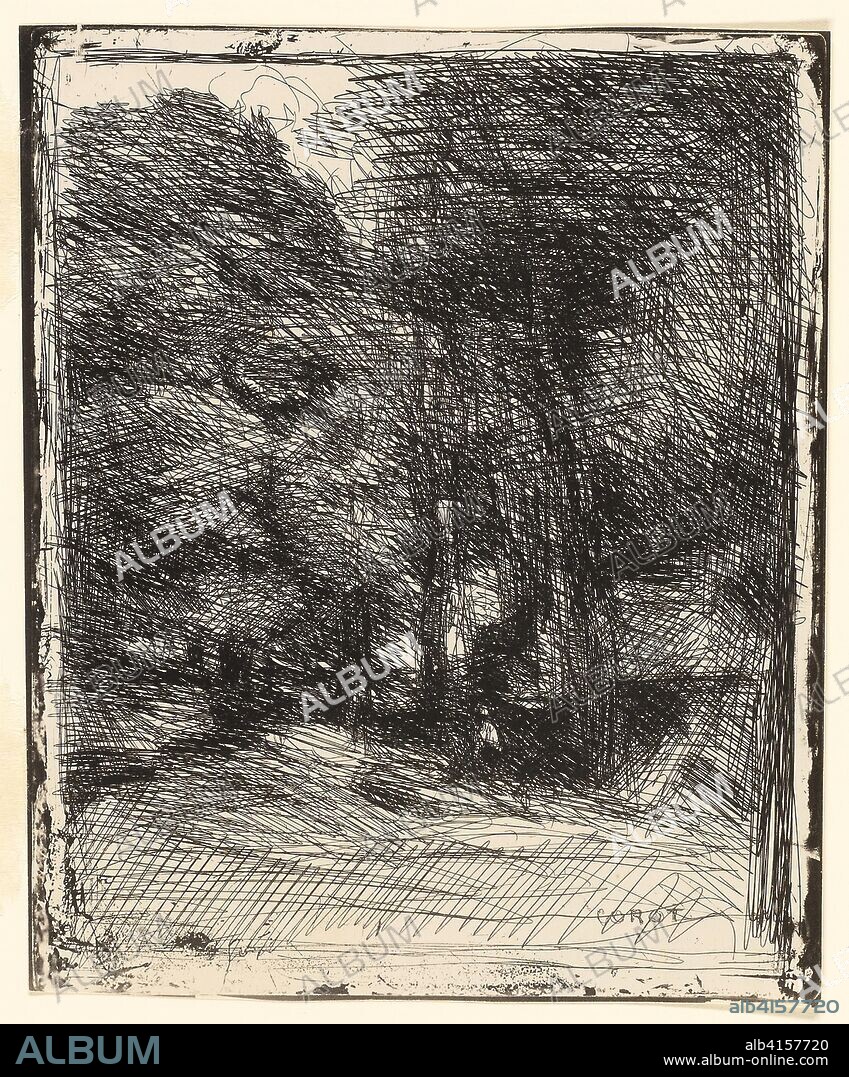 Souvenir of Bas-Bréau. Jean-Baptiste-Camille Corot; French, 1796-1875. Date: 1858. Dimensions: 184 × 155 mm (image); 200 × 167 mm (sheet). Cliché-verre on ivory photographic paper. Origin: France.