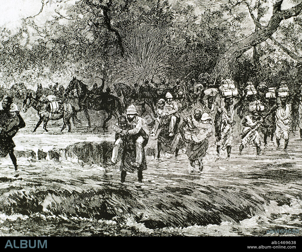 HISTORIA DE AFRICA. SIGLO XIX. Caravana de exploradores atravesando un torrente en los montes Niéniéya. Sudán. Grabado de 1892.