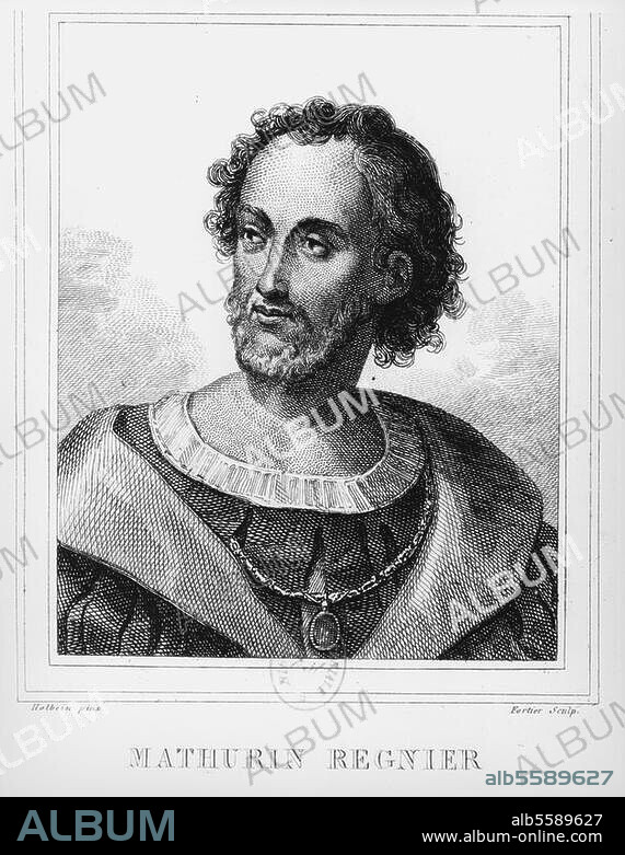 Régnier, Mathurin. poète satirique français ; Chartres 21.12.1573 - Rouen 22.10.1613. "MATHURIN REGNIER". Gravure sur cuivre de Claude François Fortier (1775-1835) d'ap. Holbein (?). Paris, Bibliothèque Nationale.