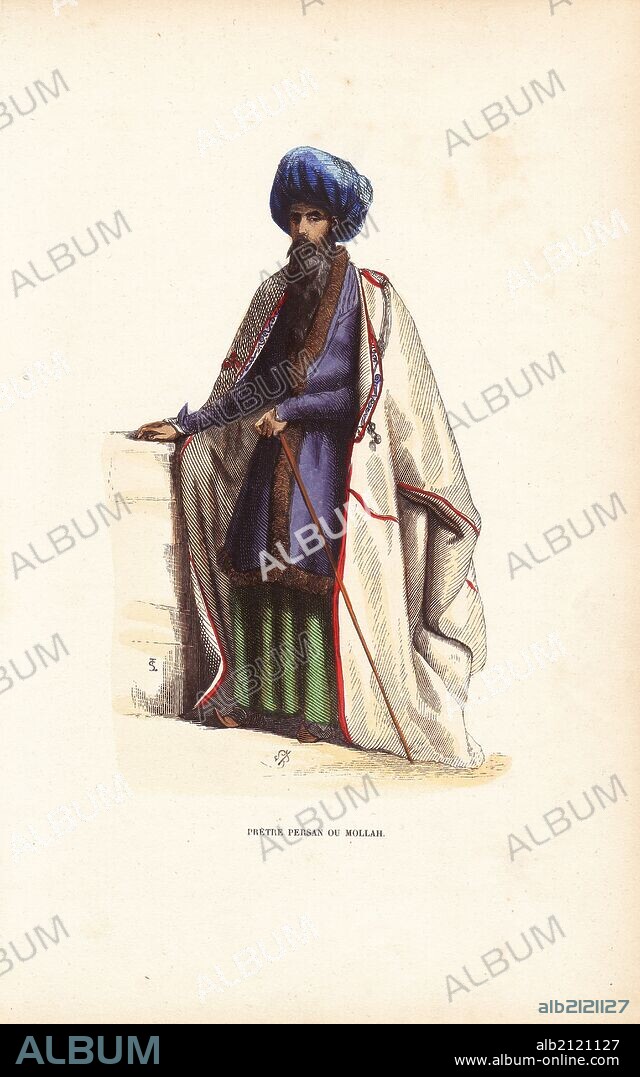 Persian mullah or priest in turban, embroidered cape, fur-lined coat, slippers, carrying a stick. Handcoloured woodcut by S.T. after an illustration by S.B. from Auguste Wahlen's "Moeurs, Usages et Costumes de tous les Peuples du Monde," Librairie Historique-Artistique, Brussels, 1845. Wahlen was the pseudonym of Jean-Francois-Nicolas Loumyer (1801-1875), a writer and archivist with the Heraldic Department of Belgium.