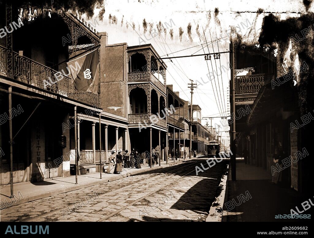 Royal Street, New Orleans, Streets, Ironwork, Buildings, United States, Louisiana, New Orleans, 1900.