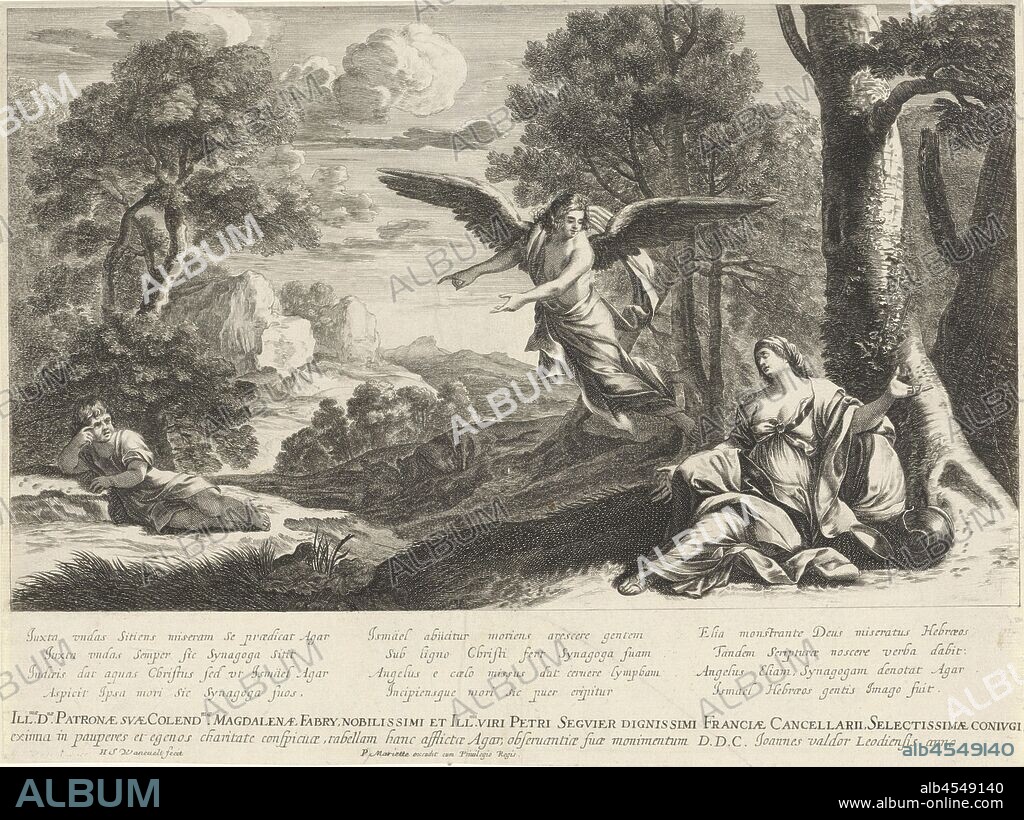 l in the desert, Hagar with an empty water jug and Ismael under a bush. The angel hears the child moaning and shows Hagar a well to give her child a drink., An angel appears and reveals a well of water to Hagar, anonymous, Paris, 1644 - 1716, paper, engraving, h 270 mm × w 362 mm.